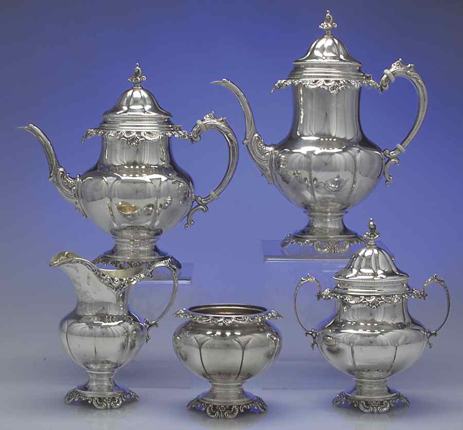Grande Baroque (Sterling, Hollowware, 1 Hallmark) 5 Piece Tea Set (SCP, STP, SCR, SSU, SWB) by Wallace Silver-1
