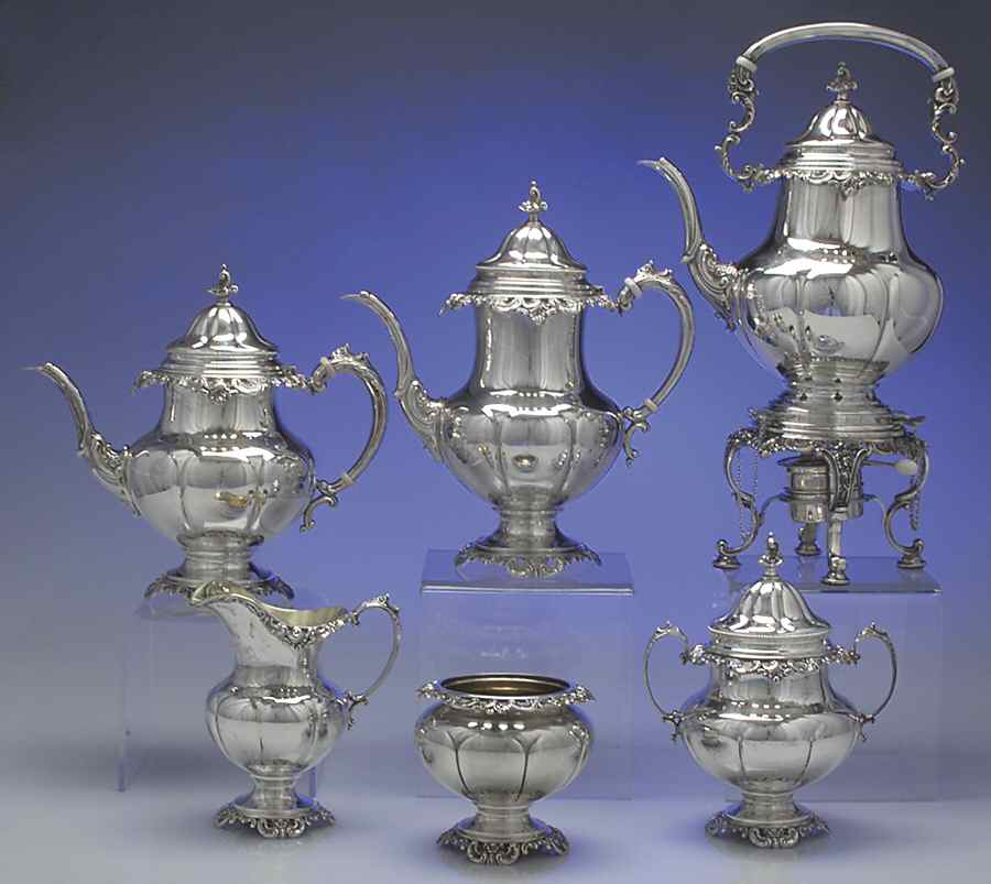 Grande Baroque (Sterling, Hollowware, 1 Hallmark) 6 Piece Tea Set (SCP, STP, SCR, SSU, SWB, SKES) by Wallace Silver-1