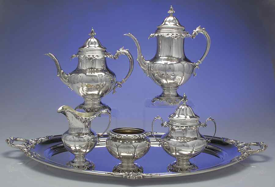 Grande Baroque (Sterling, Hollowware, 1 Hallmark) 6 Piece Tea Set (SCP, STP, SCR, SSU, SWB, WTL) by Wallace Silver-1