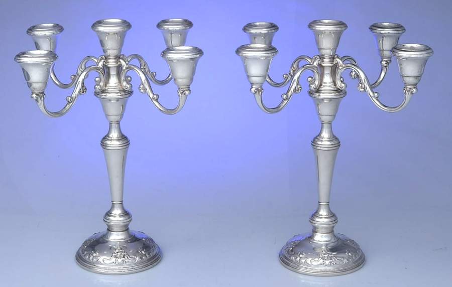 Grande Baroque (Sterling, Hollowware, 1 Hallmark) Pair of Weighted 5 Light Candelabra by Wallace Silver-1