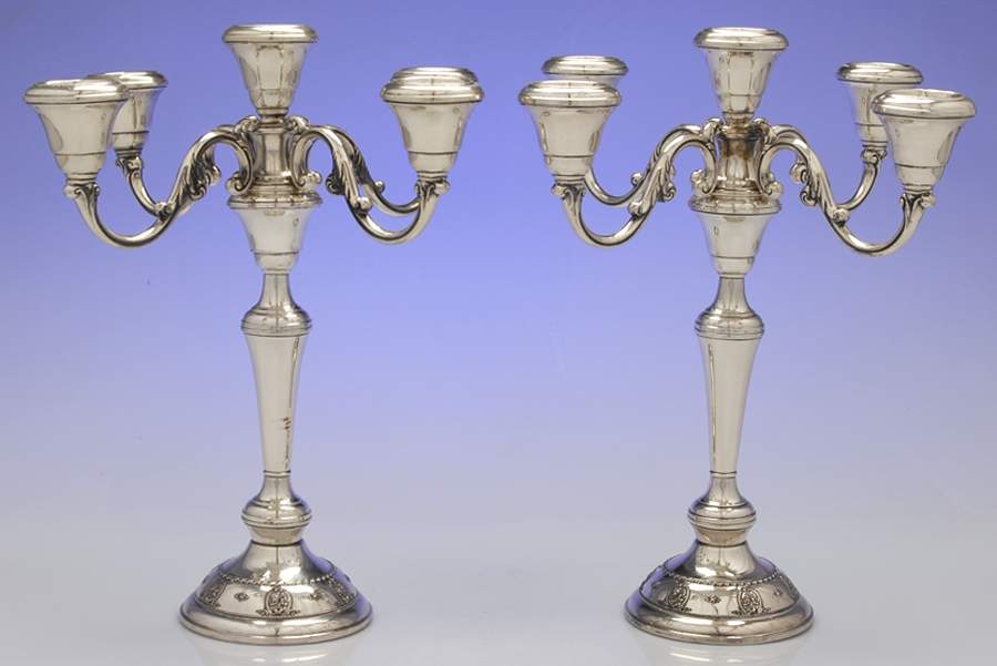 Rose Point (Sterling, Hollowware) Pair of Weighted 5 Light Candelabra by Wallace Silver-1