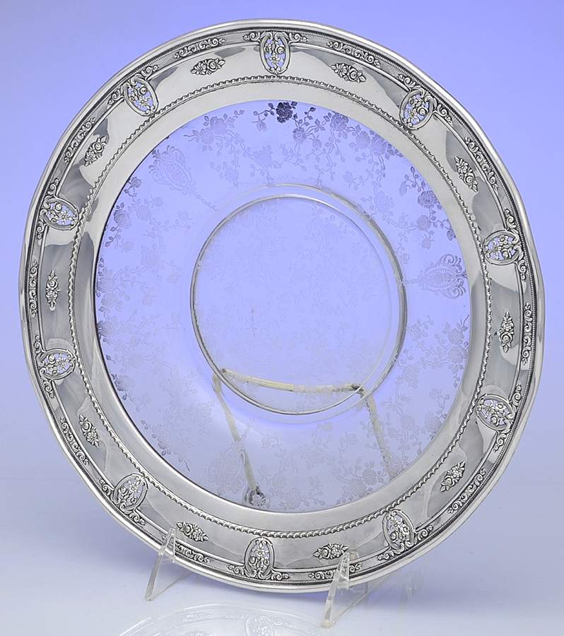 Rose Point (Sterling, Hollowware) Crystal Sandwich Plate w/Sterling Rim by Wallace Silver-1