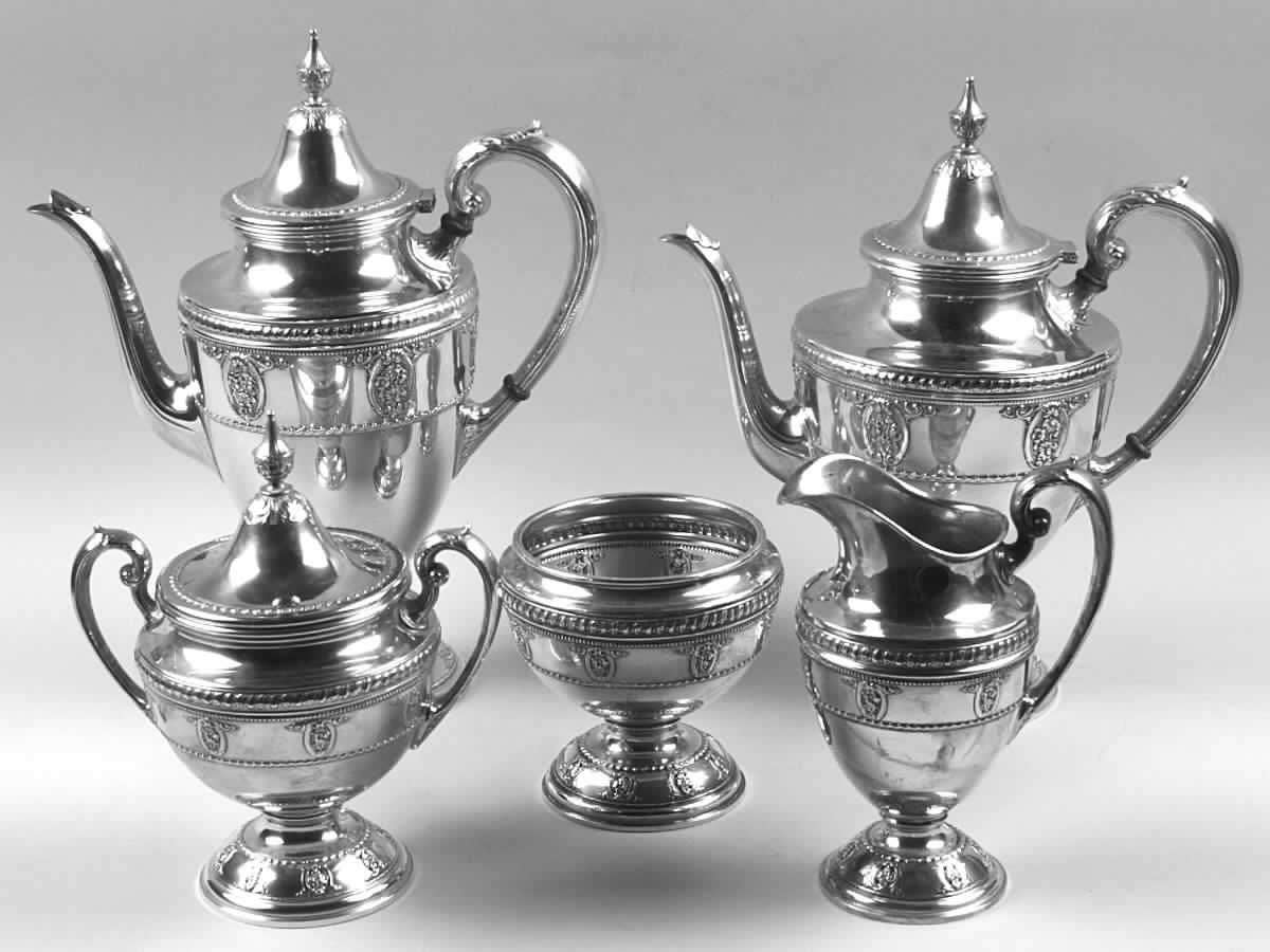 Rose Point (Sterling, Hollowware) 5 Piece Tea Set (SCP, STP, SCR, SSU, SWB) by Wallace Silver-1