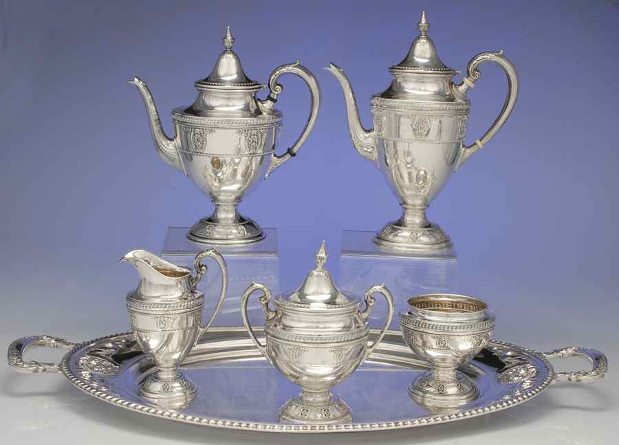 Rose Point (Sterling, Hollowware) 6 Piece Tea Set (SCP, STP, SCR, SSU, SWB, WTL) by Wallace Silver-1