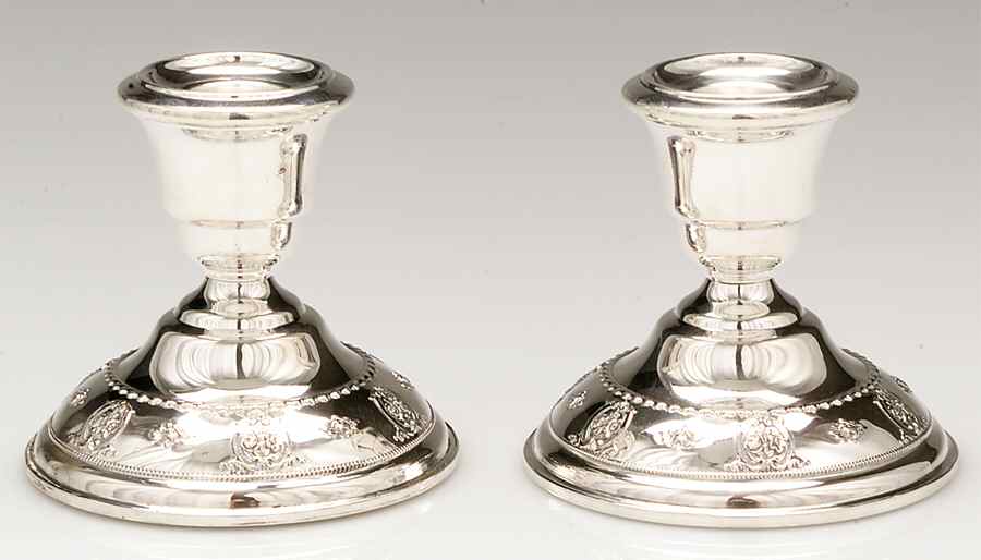 Rose Point (Sterling, Hollowware) Pair of Weighted Console Candleholders by Wallace Silver-1