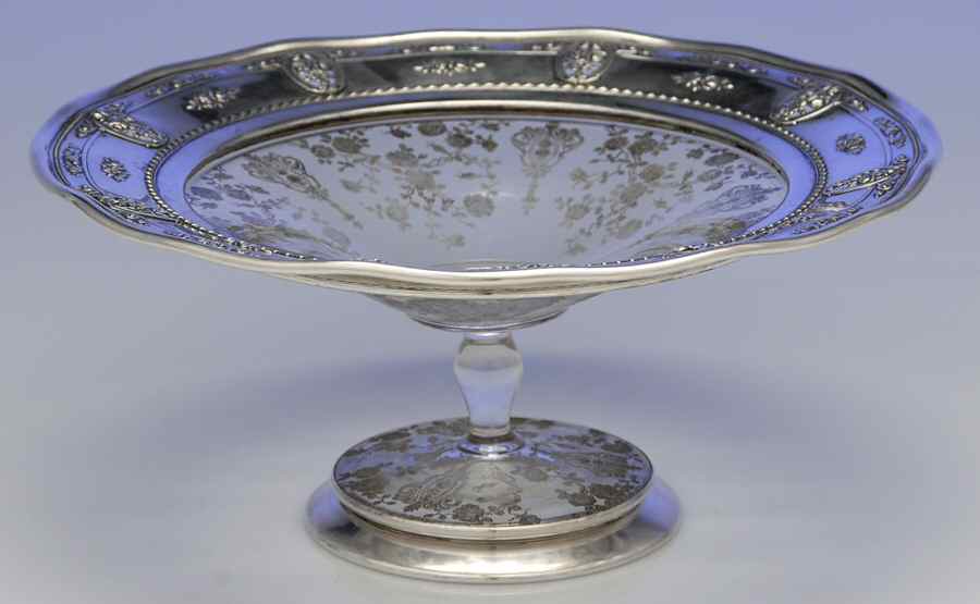 Rose Point (Sterling, Hollowware) Glass Round Compote (H"XW") W/Sterling Rim on Edge & Ft by Wallace Silver-1