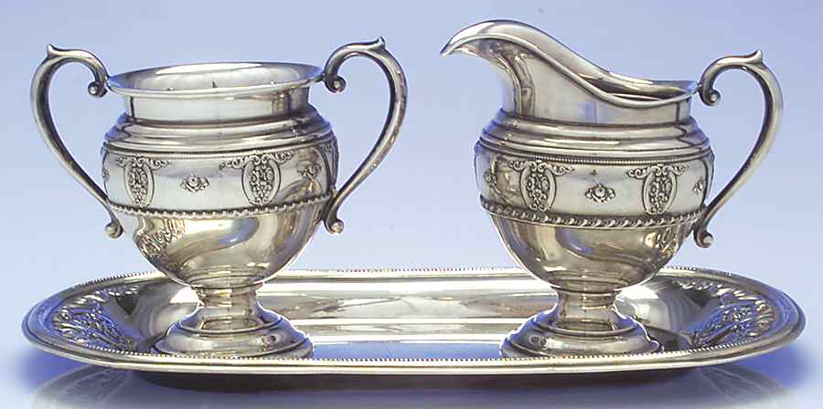 Rose Point (Sterling, Hollowware) Sterling Creamer, Open Sugar and Tray Set by Wallace Silver-1