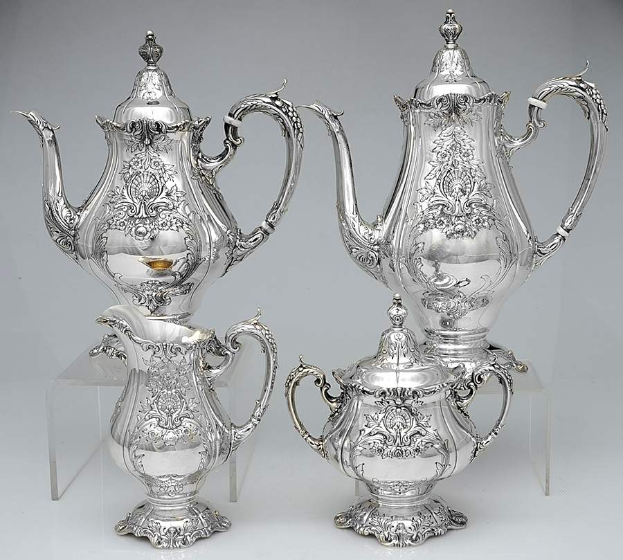 Sir Christopher (Strl, Hlwr, 4800-1, Hand Chased) 4 Piece Tea Set (SCP, STP, SCR, SSU) by Wallace Silver-1