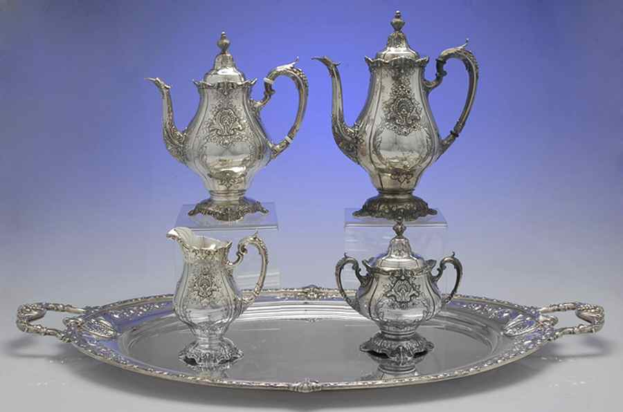 Sir Christopher (Strl, Hlwr, 4800-1, Hand Chased) 5 Piece Tea Set (SCP, STP, SCR, SSU, WTL) by Wallace Silver-1