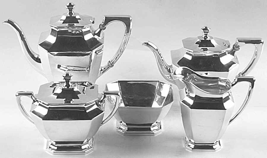 Somerset-Plain (Sterling, Hollowware) 5 Piece Tea Set (SCP, STP, SCR, SSU, SWB) by Wallace Silver-1