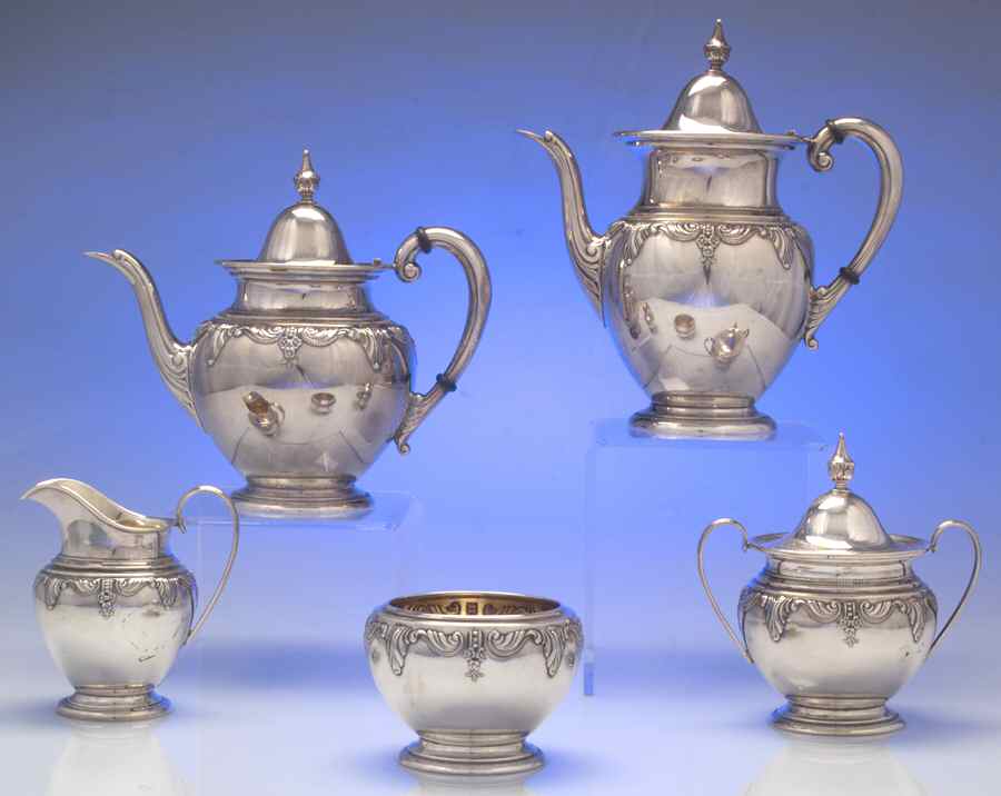 Stradivari (Sterling, Hollowware, Design on Top) 5 Piece Tea Set (SCP, STP, SCR, SSU, SWB) by Wallace Silver-1