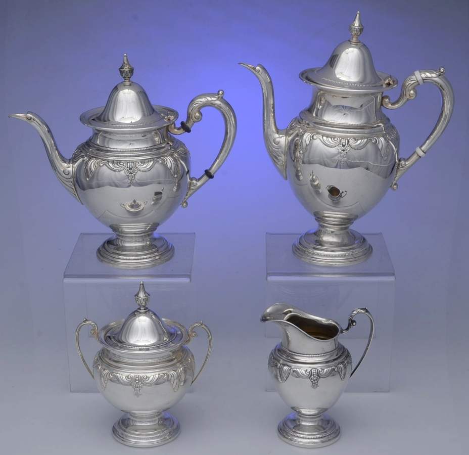Stradivari (Sterling, Hollowware, Design on Top) 4 Piece Tea Set (SCP, STP, SCR, SSU) by Wallace Silver-1
