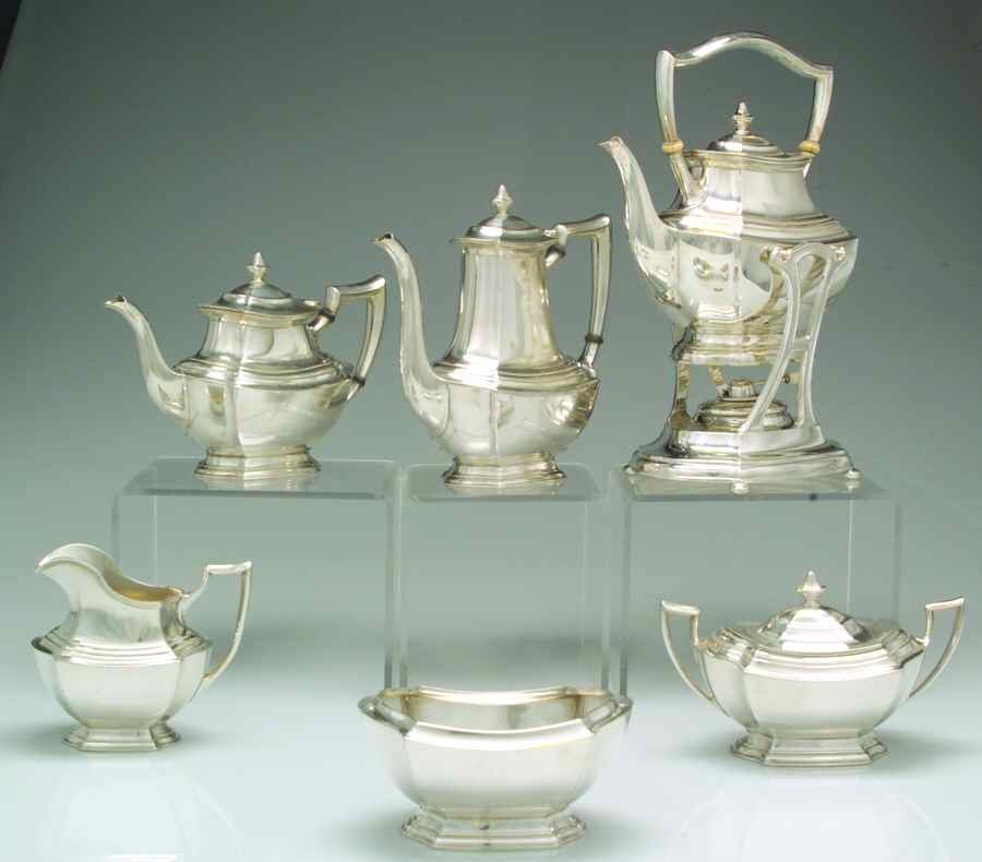 Washington (Sterling, Hollowware) 6 Piece Tea Set (SCP, STP, SCR, SSU, SWB, SKES) by Wallace Silver-1