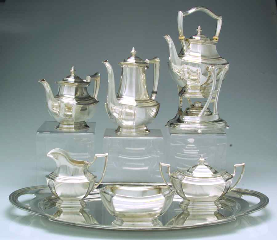Washington (Sterling, Hollowware) 7 Piece Tea Set (SCP, STP, SCR, SSU, SWB, SKES & WTL) by Wallace Silver-1