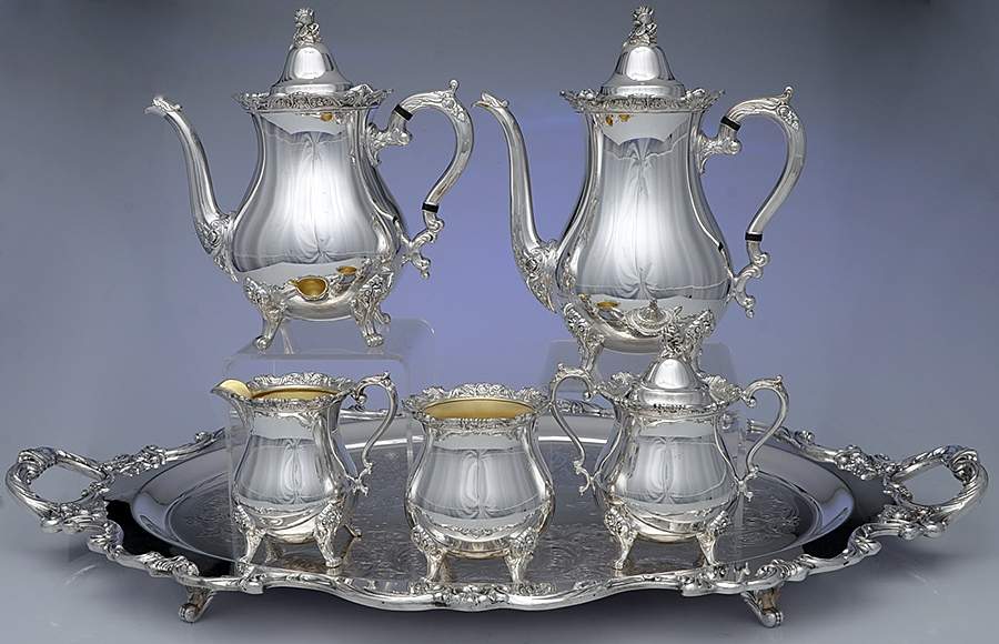 Royal Rose (Silverplate, Hollowware) 6-Piece Plated Tea Set (Waste & Footed Tray) by Wallace Silver-1