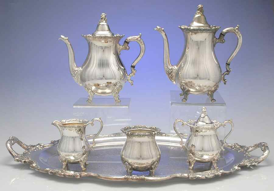 Royal Rose (Silverplate, Hollowware) 6-Piece Plated Tea Set (Waste & Tray) by Wallace Silver-1