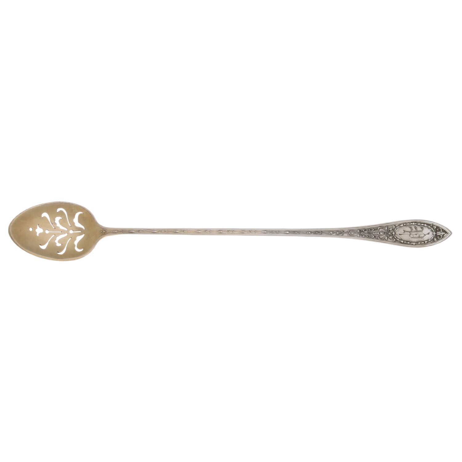 Adam (Sterling, 1907, Monograms) Pierced Bowl Long Handle Olive Spoon by Whiting Manf Co-1