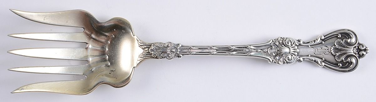 King Edward (Sterling, 1901, Monograms) Large Solid Tined Sardine Serving Fork by Whiting Manf Co-1