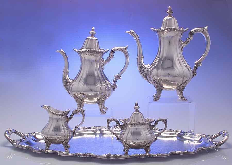Rose Point (1200, Silverplate, Hollowware) 5-Piece Silverplate Tea Set (with Tray) by Wallace Silver-1