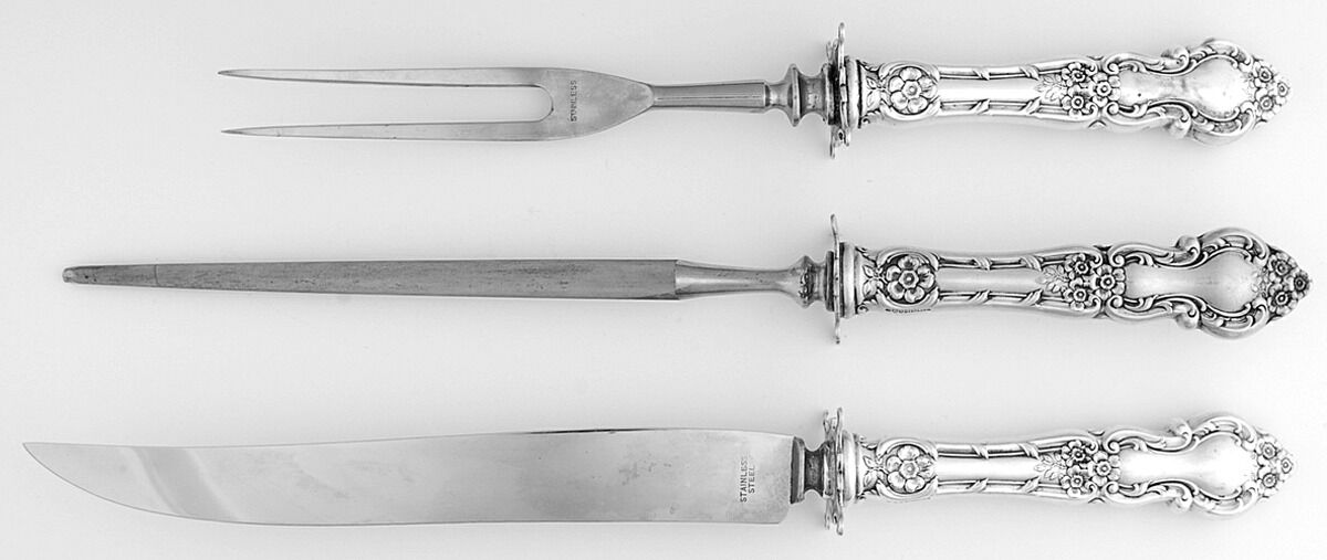 Meadow Rose (Sterling, 1907, No Monos) Large 3-Piece Roast Carving Set w/ Stainless Blade by Wallace Silver-1