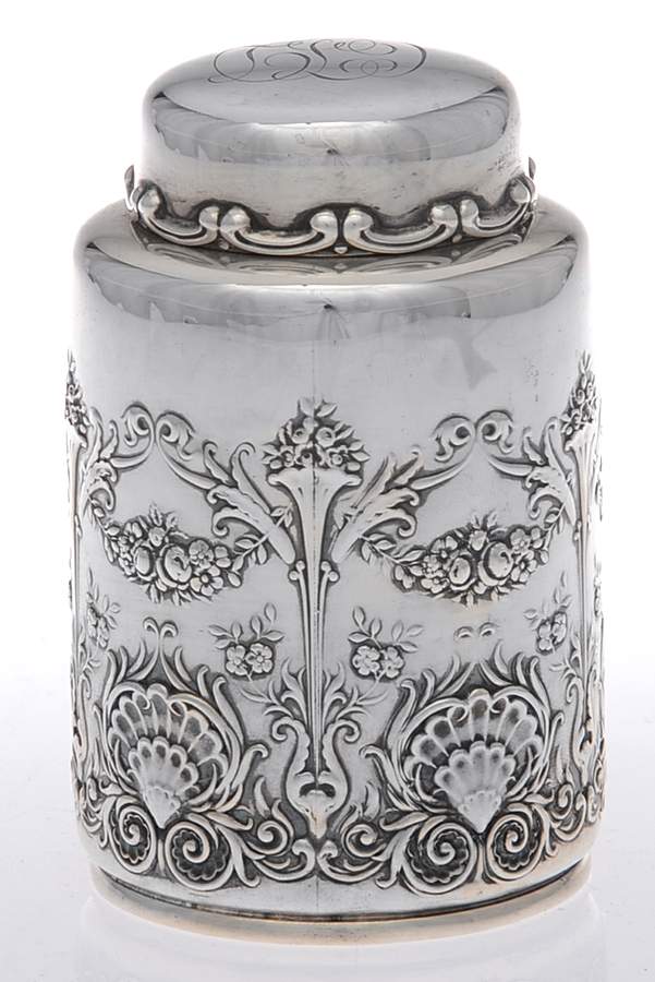 Imperial Queen (Sterling, 1893, Hollowware) Tea Caddy & Lid by Whiting Manf Co-1