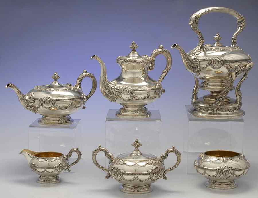 Imperial Queen (Sterling, 1893, Hollowware) 6 Piece Tea Set (SCP, STP, SCR, SSU, SWB, SKES) by Whiting Manf Co-1