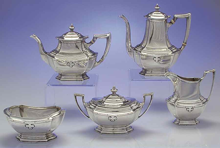 Carmel (Sterling, 1912, Hollowware) 5 Piece Tea Set (SCP, STP, SCR, SSU, SWB) by Wallace Silver-1