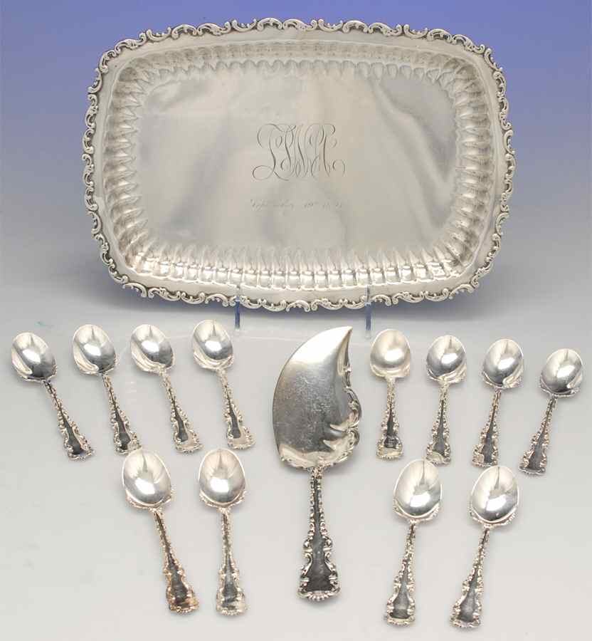 Louis XV (Sterling, 1891, Hollowware) 14 Piece Ice Cream Set (Server,12 Spoons & Tray) by Whiting Manf Co-1