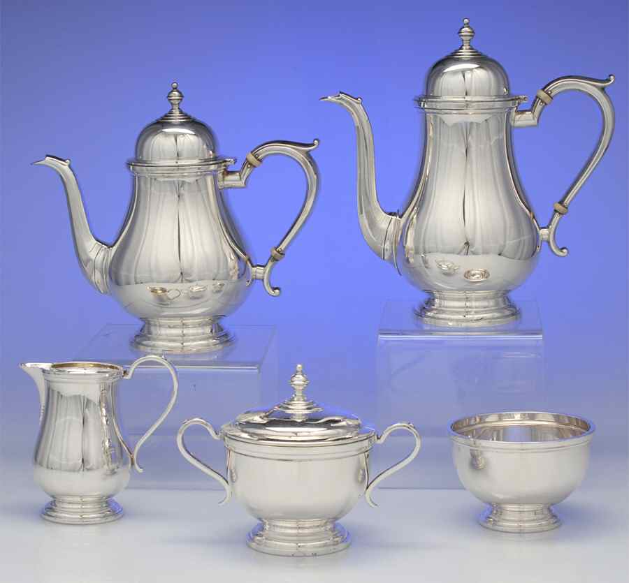 Exemplar (Sterling, S3, Hollowware) 5 Piece Tea Set (SCP, STP, SCR, SSU, SWB) by Watson-1