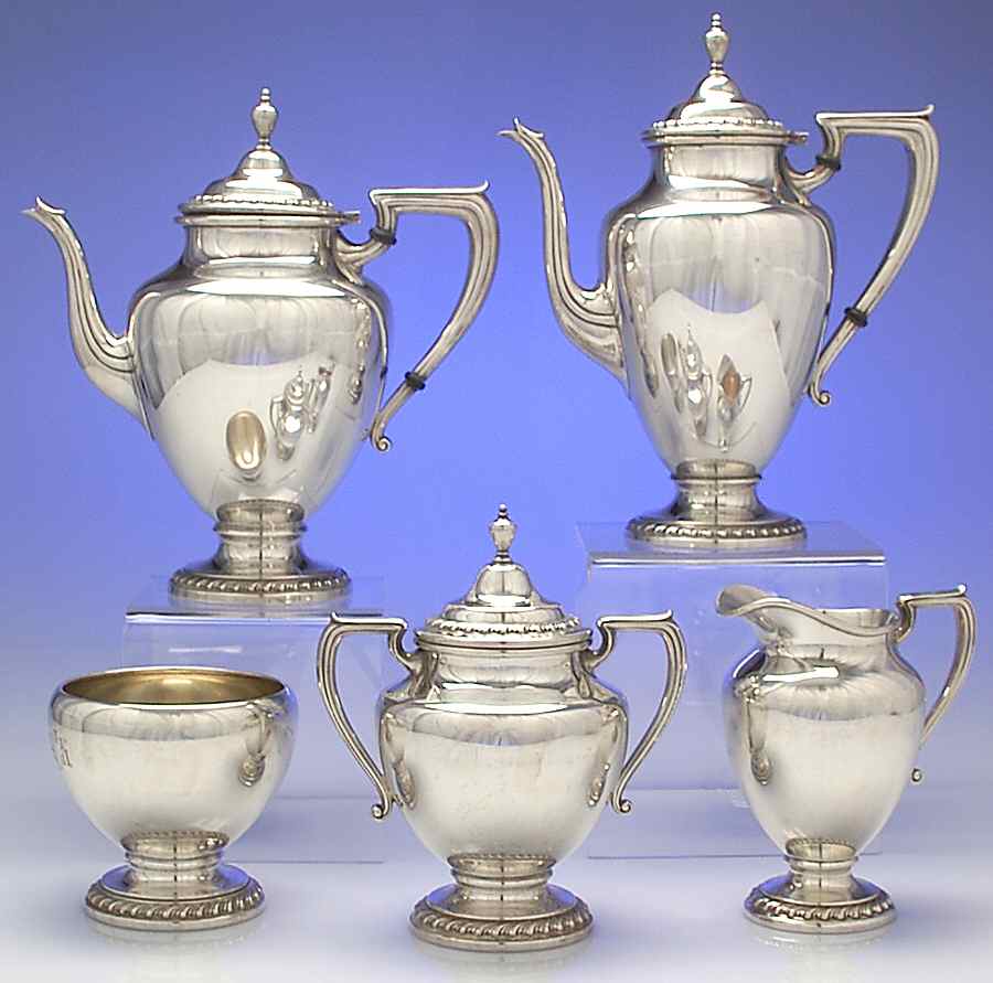 Halifax (Sterling, Hollowware) 5 Piece Tea Set (SCP, STP, SCR, SSU, SWB) by Wallace Silver-1