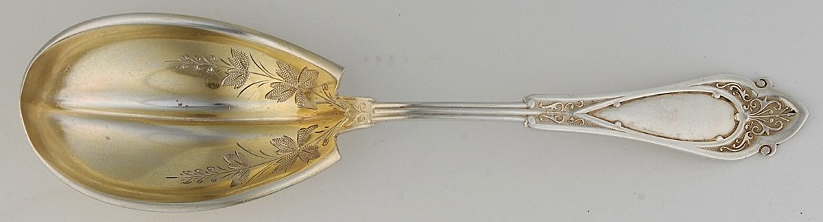 Venetian (Sterling, 1875) Bright Cut Preserve Spoon by Wood & Hughes-1