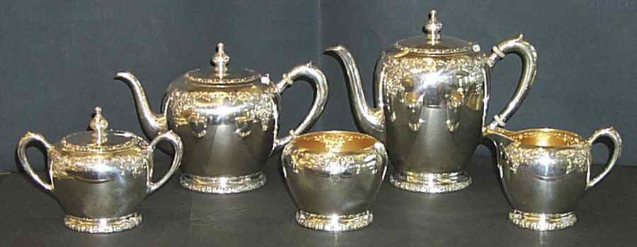 Normandie (Sterling, 1933, Hollowware) 5 Piece Tea Set (SCP, STP, SCR, SSU, SWB) by Wallace Silver-1