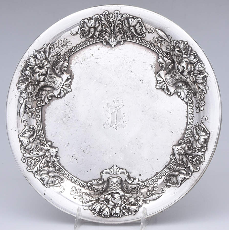 Lily (Sterling, 1902, Old Estate, Hollowware) 12" Round Sterling Tray by Whiting Manf Co-1