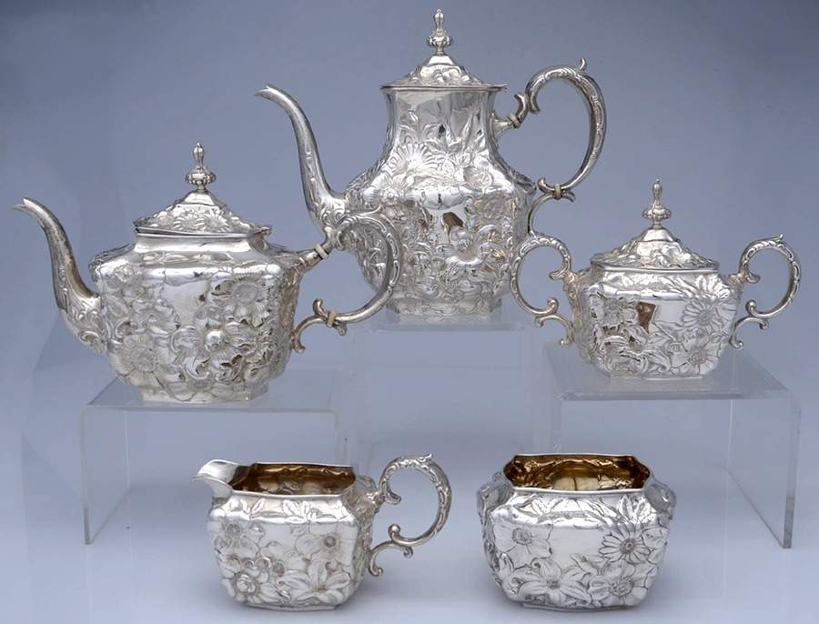 Lily (Sterling, 1902, Old Estate, Hollowware) 5 Piece Tea Set (SCP, STP, SCR, SSU, SWB) by Whiting Manf Co-1