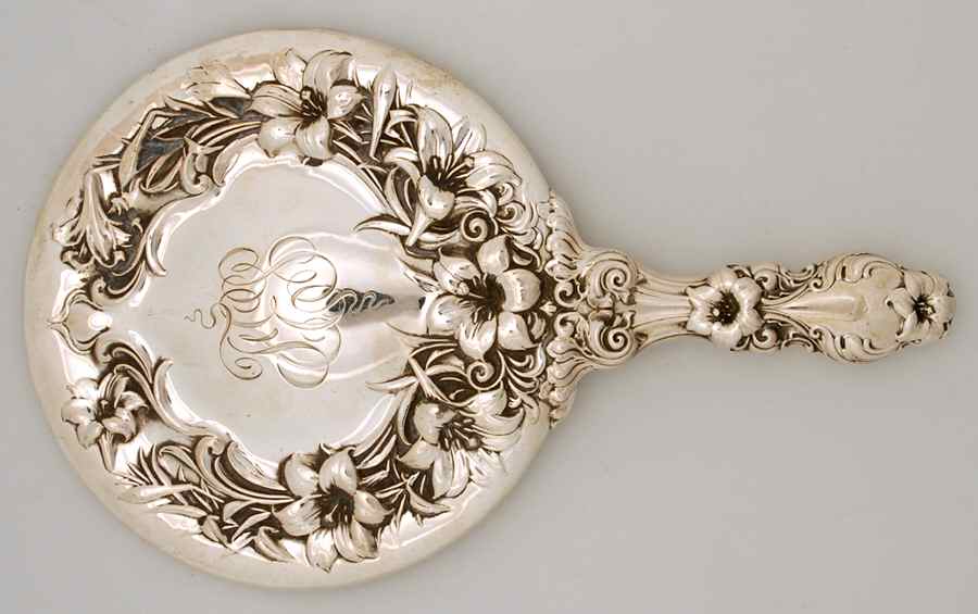 Lily (Sterling, 1902, Old Estate, Hollowware) Mirror with Handle by Whiting Manf Co-1