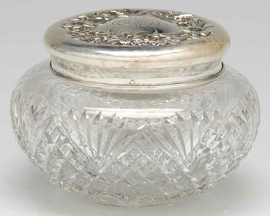 Lily (Sterling, 1902, Old Estate, Hollowware) Dresser Jar with Crystal Bowl and Sterling Lid by Whiting Manf Co-1