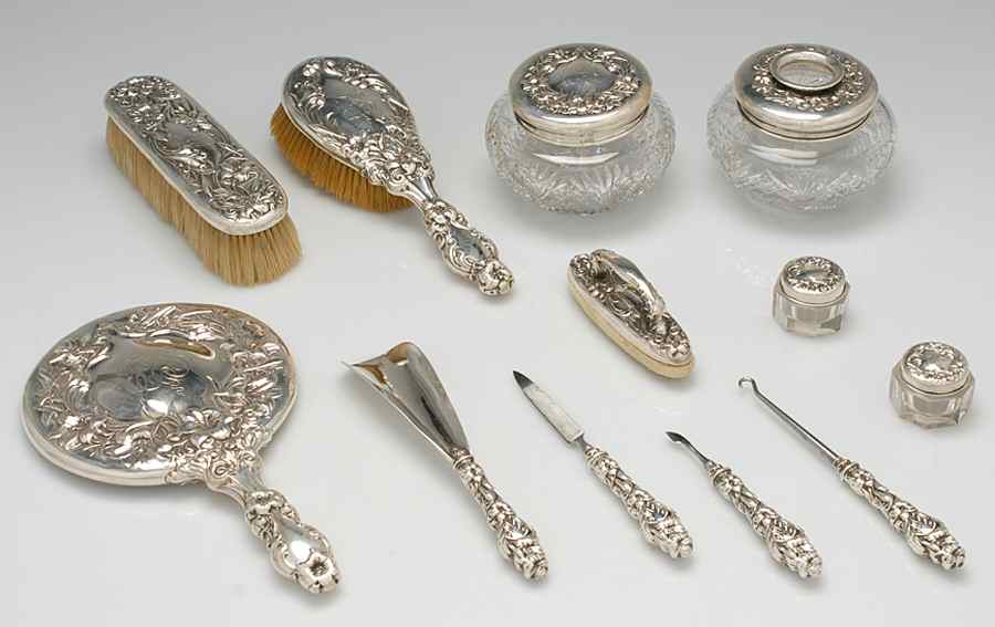 Lily (Sterling, 1902, Old Estate, Hollowware) 12 Piece Vanity Set by Whiting Manf Co-1