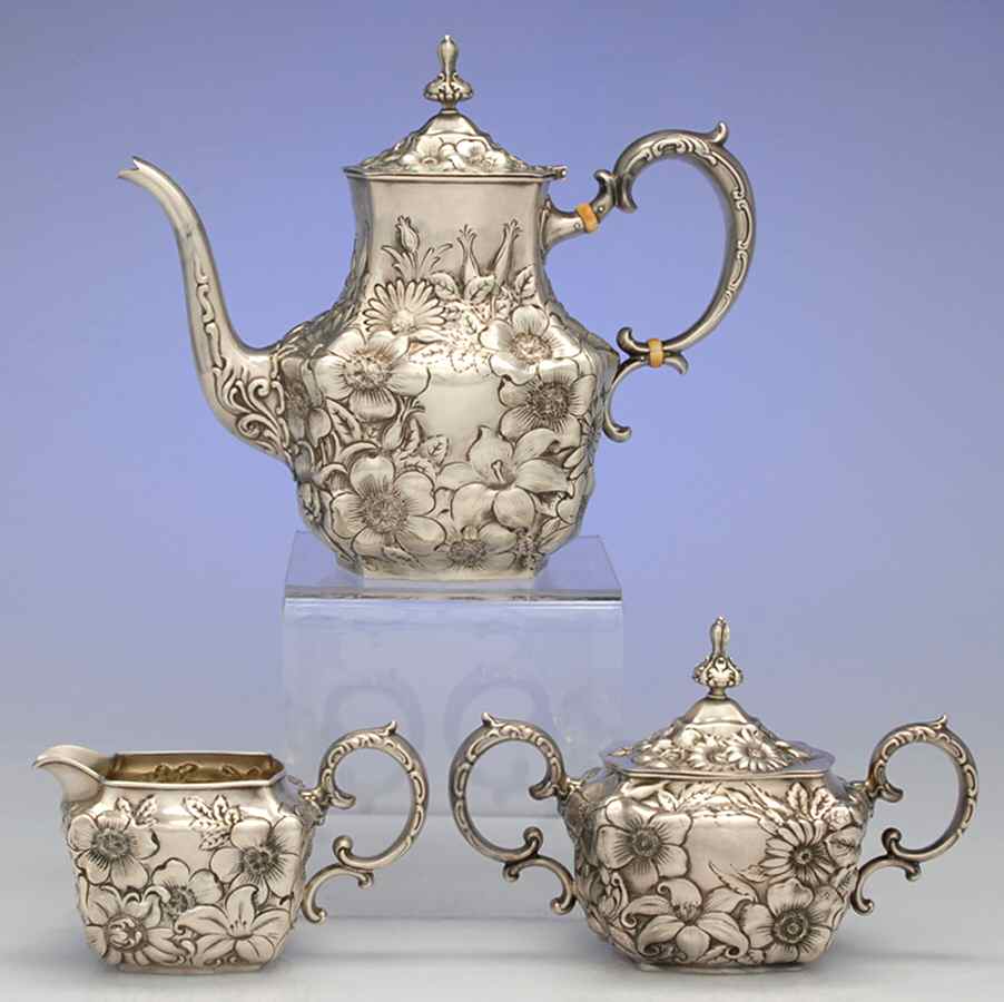 Lily (Sterling, 1902, Old Estate, Hollowware) 3 Pc Coffee Set (CP1,CR1 & SU1) by Whiting Manf Co-1