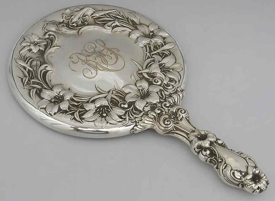 Lily (Sterling, 1902, Old Estate, Hollowware) Mirror with Handle by Whiting Manf Co-1