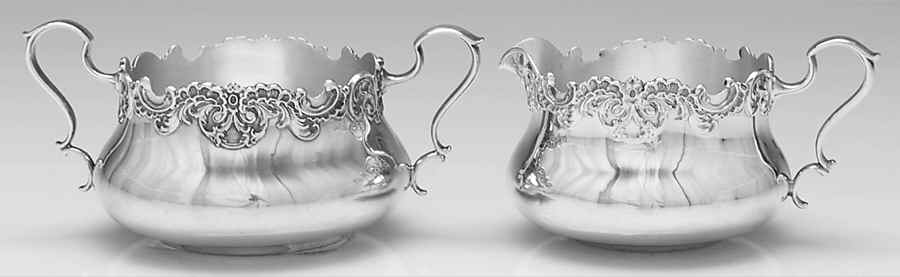 Pompadour (Sterling, 1895-1898, Hollowware) Mini Sterling Creamer and Open Sugar by Whiting Manf Co-1