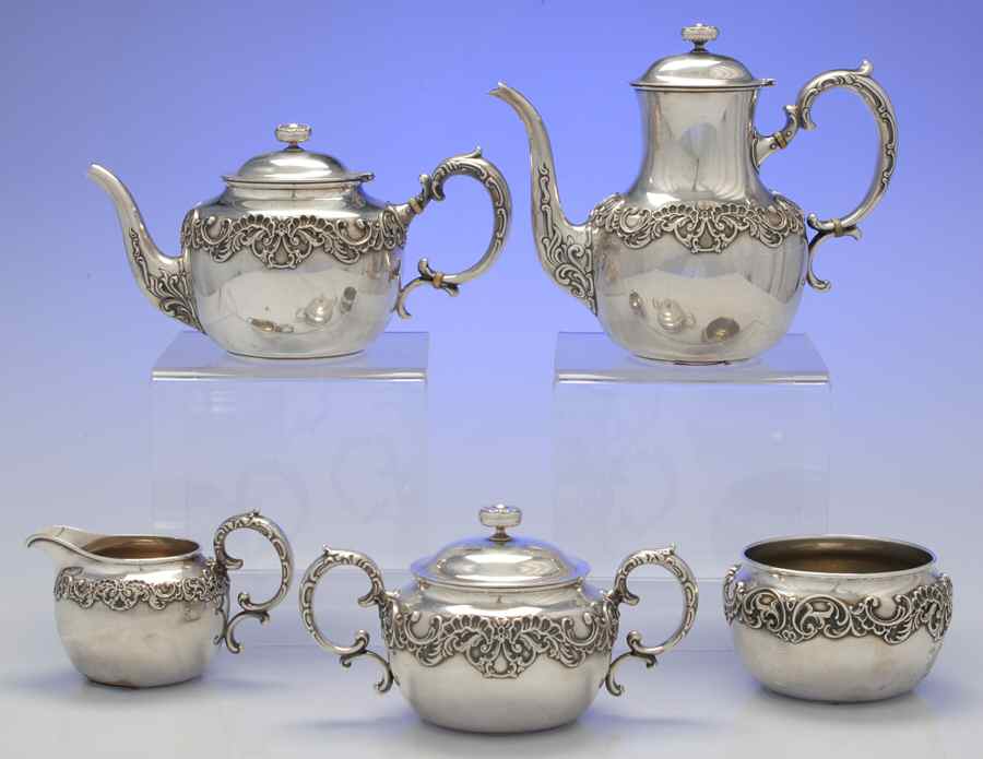 Pompadour (Sterling, 1895-1898, Hollowware) 5 Piece Tea Set (SCP, STP, SCR, SSU, SWB) by Whiting Manf Co-1