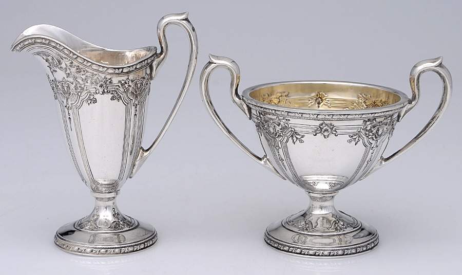 Navarre (Sterling, 1908, Hollowware) Mini Sterling Creamer and Open Sugar by Watson-1