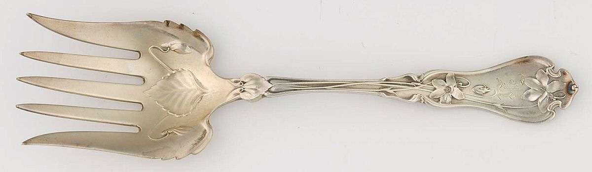 Violet (Sterling, 1905, Monograms) Large Solid Tined Sardine Serving Fork by Whiting Manf Co-1