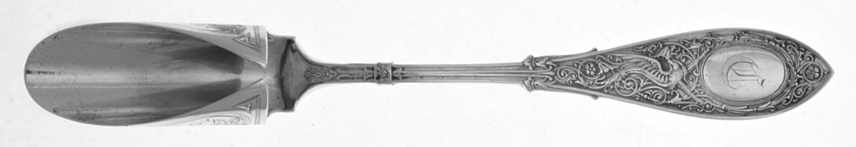 Arabesque (Sterling, 1875, Monograms) Large Bright Cut Solid Piece Cheese Scoop by Whiting Manf Co-1