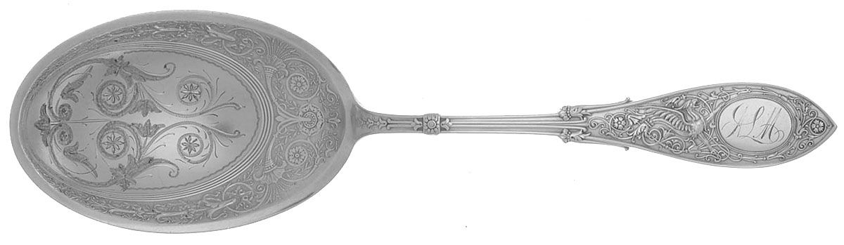 Arabesque (Sterling, 1875, Monograms) Bright Cut Preserve Spoon by Whiting Manf Co-1