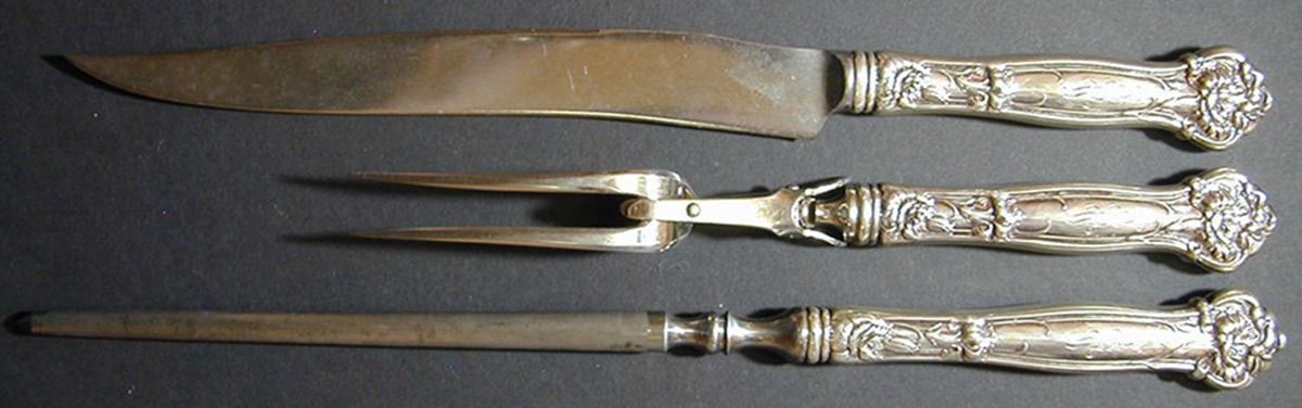 Carnation (Sterling, 1909) Large 3-Piece Roast Carving Set w/ Stainless Blade by Wallace Silver-1