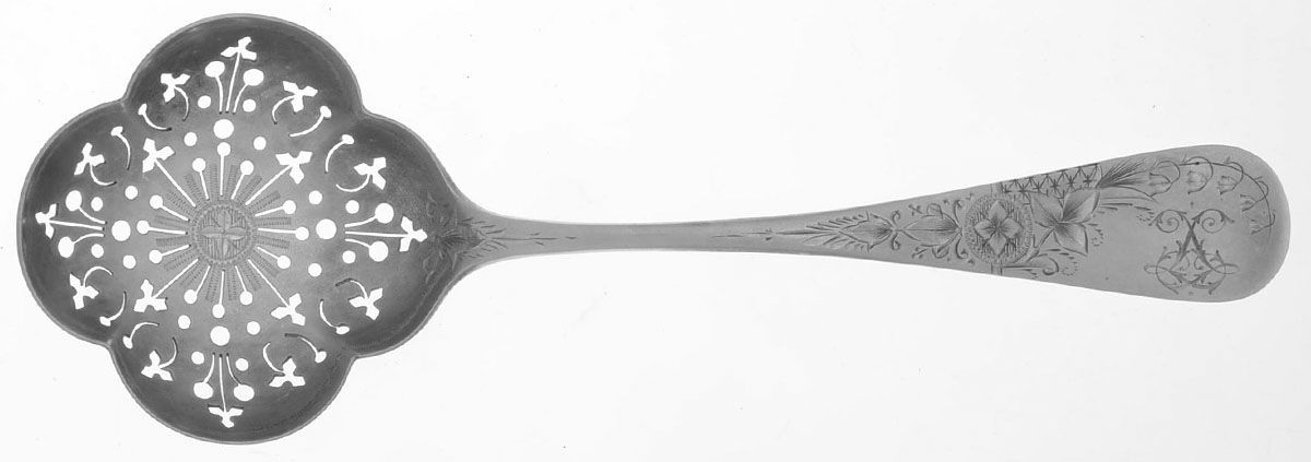 Antique Lily-Engraved (Sterling, 1882) Sugar Sifter Large Bright Cut by Whiting Manf Co-1