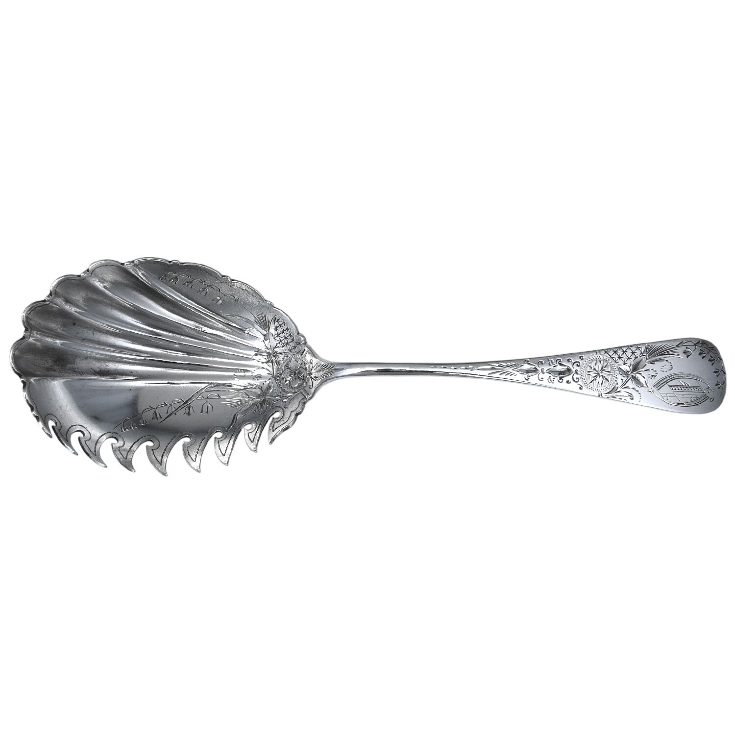 Antique Lily-Engraved (Sterling, 1882, Monograms) Macaroni Server Bright Cut by Whiting Manf Co-1