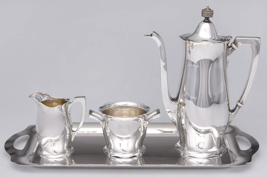 Antique (Sterling, Hollowware) 4 Piece Mini Coffee Set with Monogram Tray (SCPM,SCRM,SSUOM,STRDE1) by Wallace Silver-1