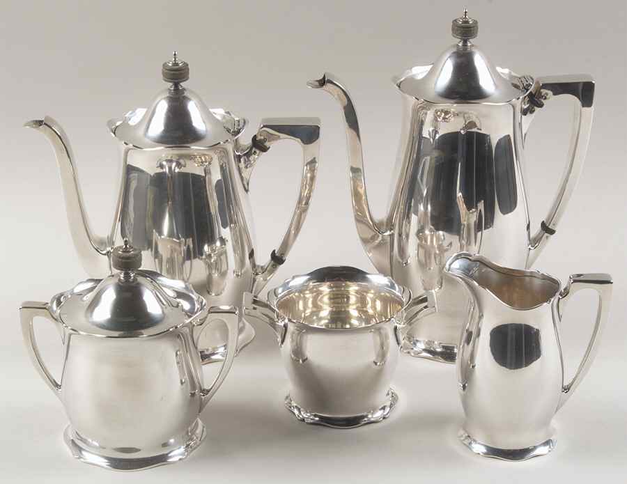 Antique (Sterling, Hollowware) 5 Piece Tea Set (SCP, STP, SCR, SSU, SWB) by Wallace Silver-1